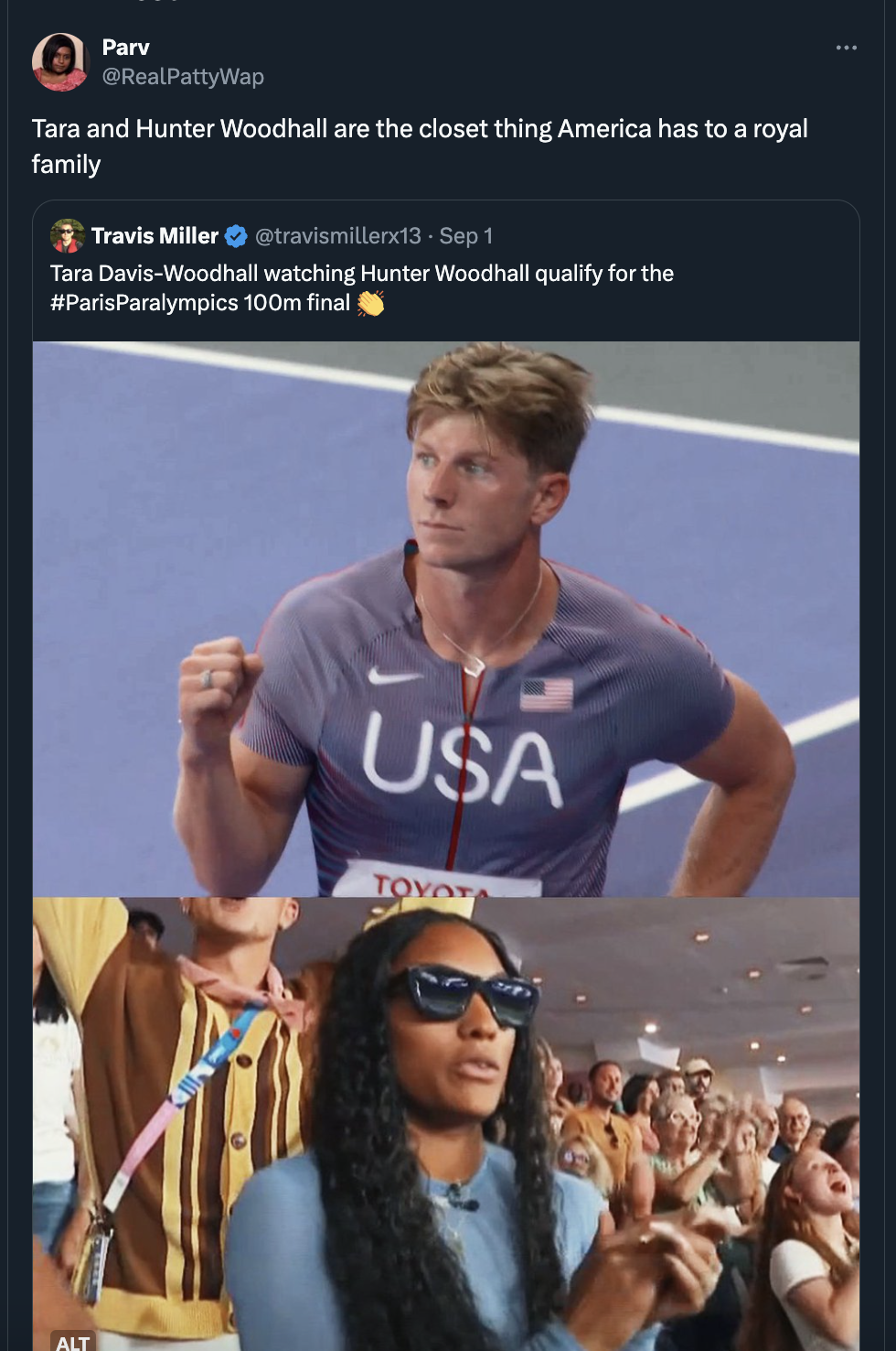 fan - Parv RealPattyWap Tara and Hunter Woodhall are the closet thing America has to a royal family Travis Miller travismillerx13 Sep 1 Tara DavisWoodhall watching Hunter Woodhall qualify for the 100m final Alt Usa Toyo